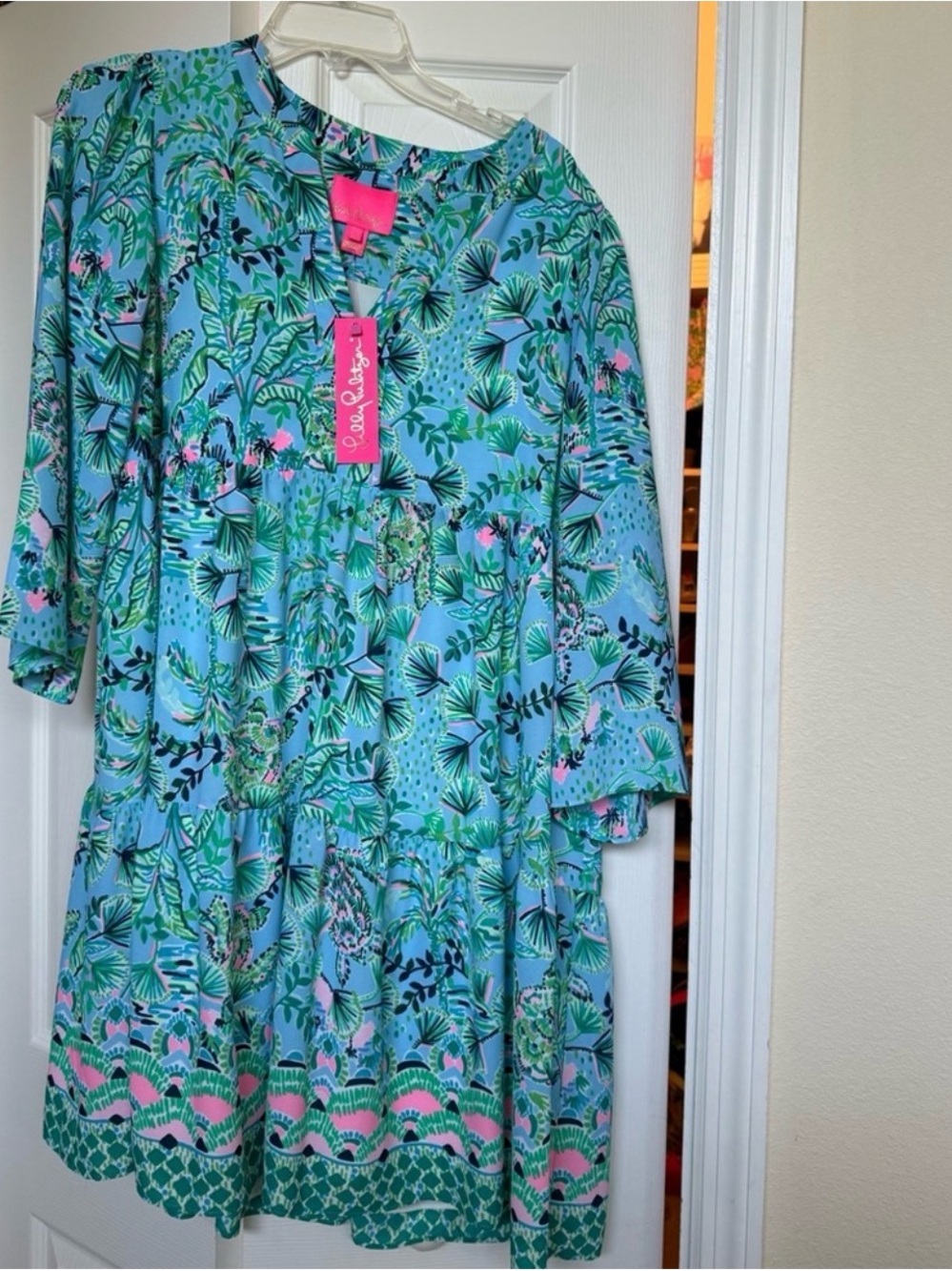 Lilly Pulitzer Aqua Tropical Floral Tiered Dress with Pink Accents